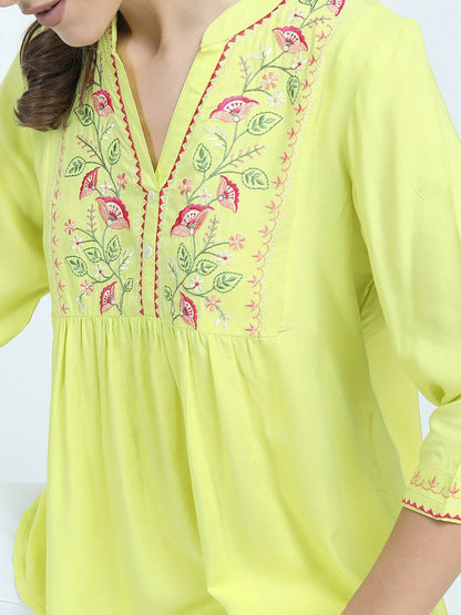 Yellow Floral Embroidered Top for Women – Mandarin Collar, 3/4 Sleeves, Pleated Design | Indiaista