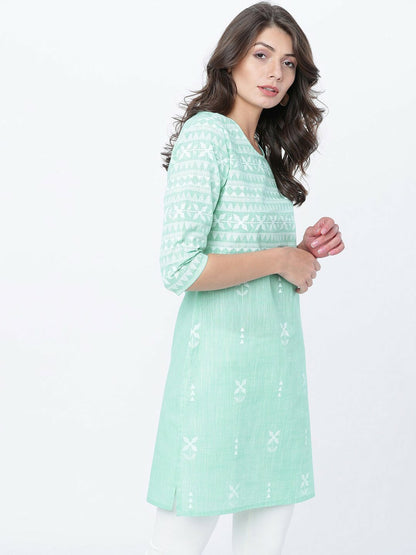 Women’s Green & White Printed Tunic – Round Neck, 3/4 Sleeves, Straight Hem | Indiaista