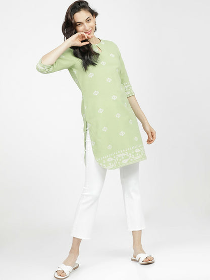 Green & White Printed Tunic for Women – Round Neck, 3/4 Sleeves | Indiaista