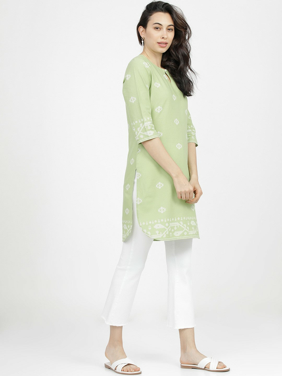 Green & White Printed Tunic for Women – Round Neck, 3/4 Sleeves | Indiaista