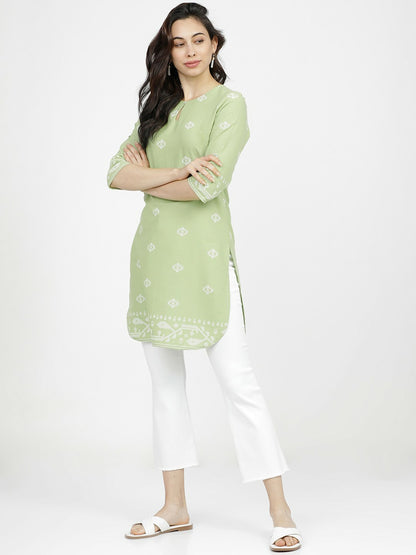 Green & White Printed Tunic for Women – Round Neck, 3/4 Sleeves | Indiaista