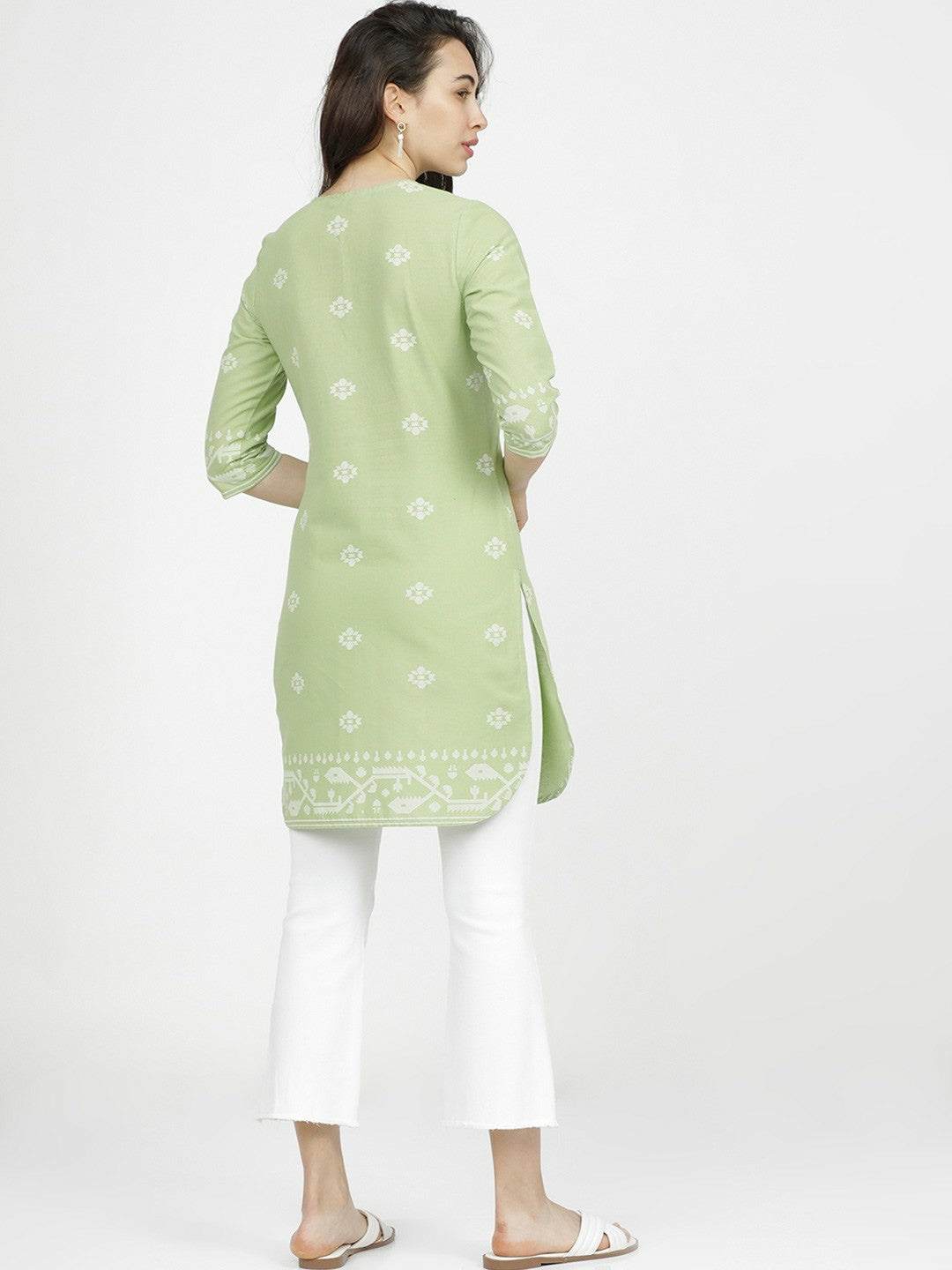 Green & White Printed Tunic for Women – Round Neck, 3/4 Sleeves | Indiaista