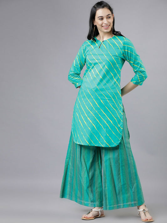 Women's Turquoise Blue & Yellow Printed Tunic – Round Neck, 3/4 Sleeves | Indiaista