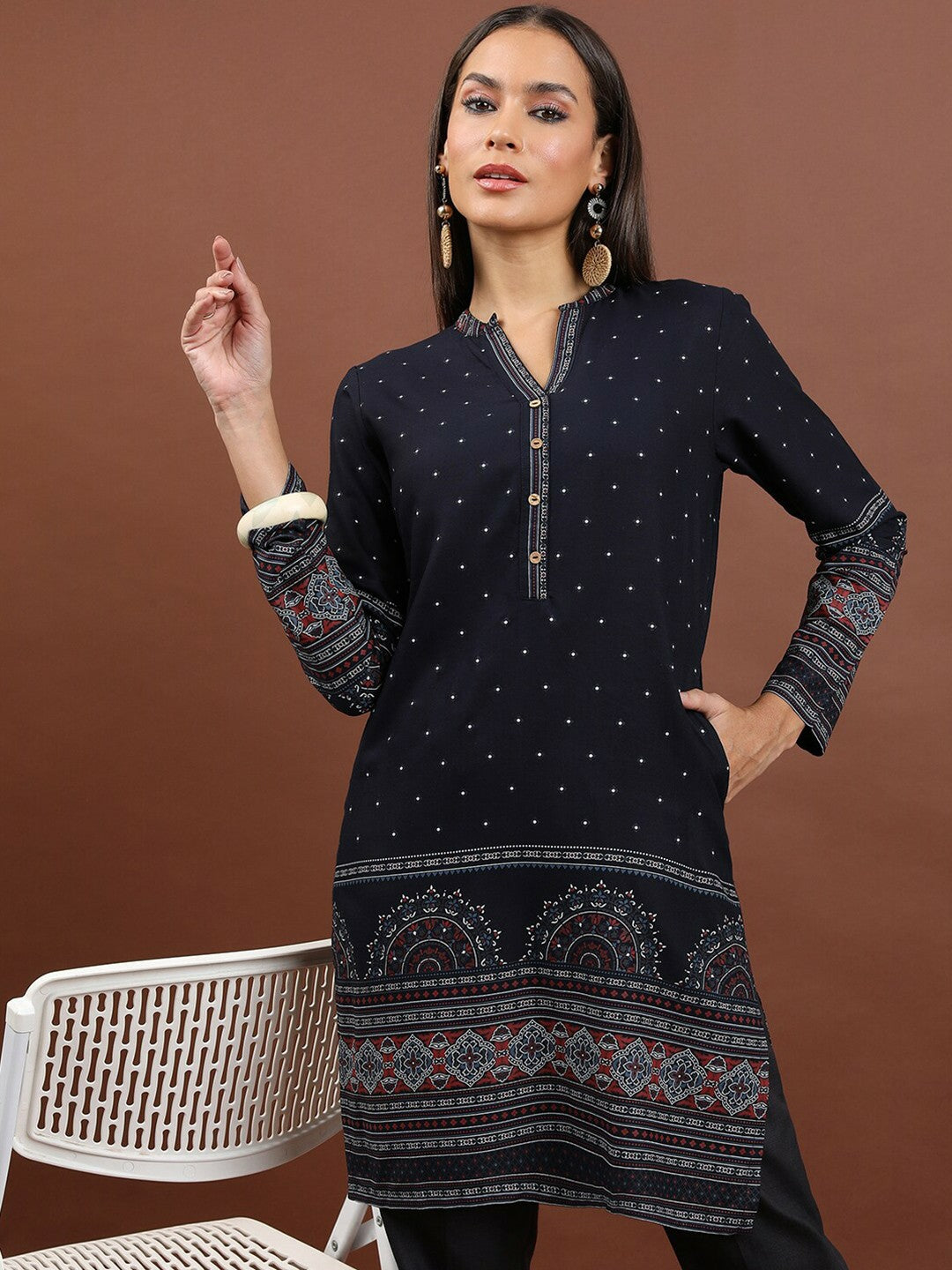 Navy Blue & Red Ethnic Motif Printed Tunic for Women – Mandarin Collar, 3/4 Sleeves | Indiaista