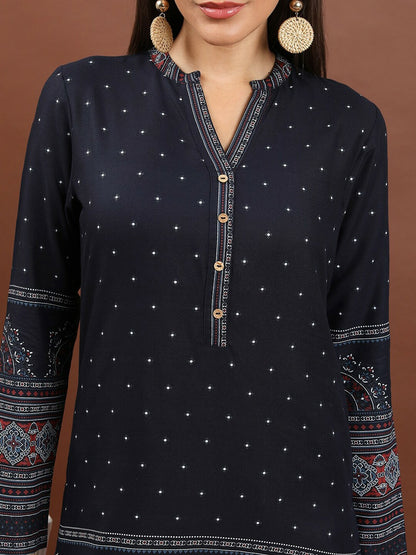 Navy Blue & Red Ethnic Motif Printed Tunic for Women – Mandarin Collar, 3/4 Sleeves | Indiaista