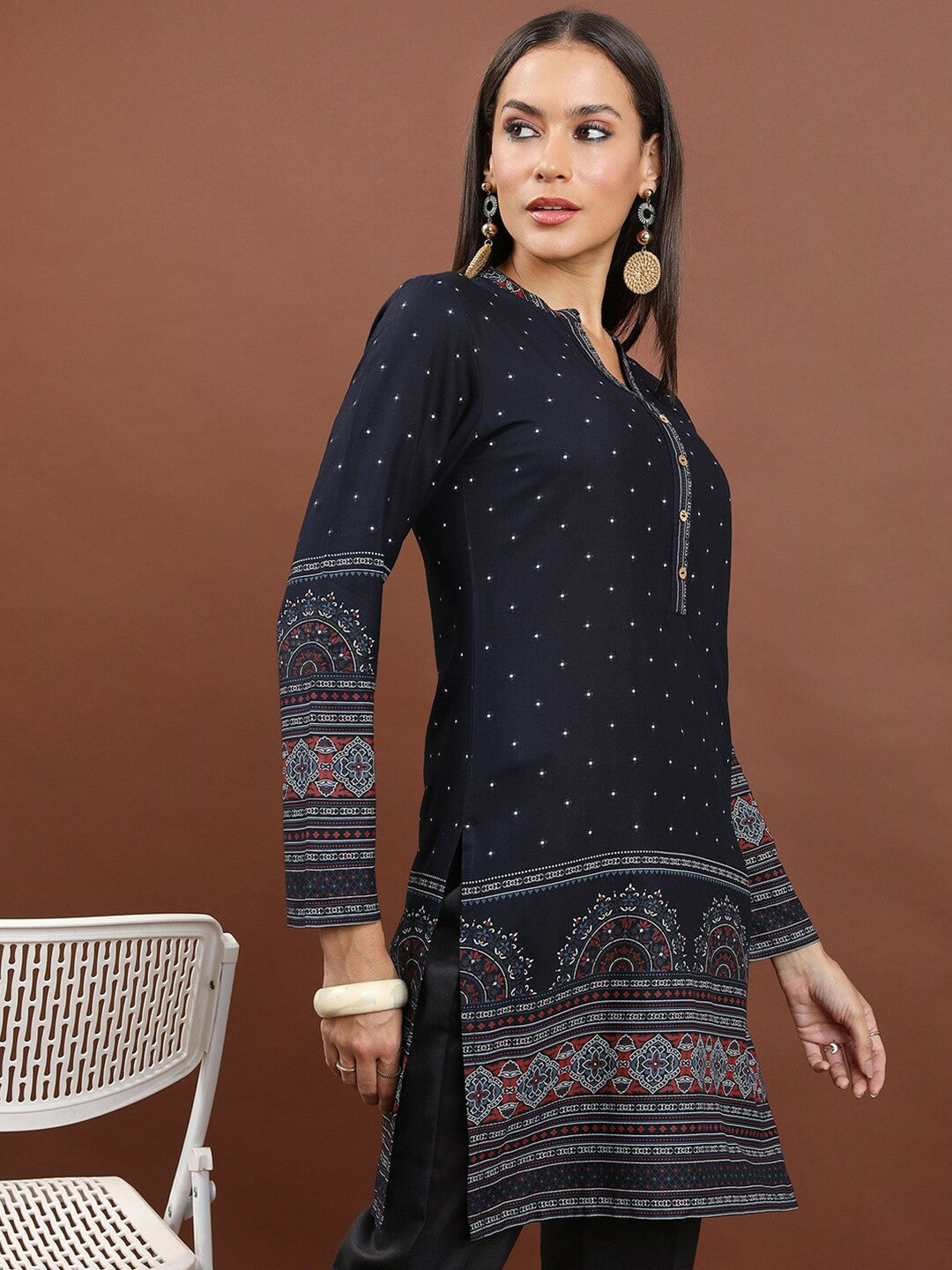 Navy Blue & Red Ethnic Motif Printed Tunic for Women – Mandarin Collar, 3/4 Sleeves | Indiaista