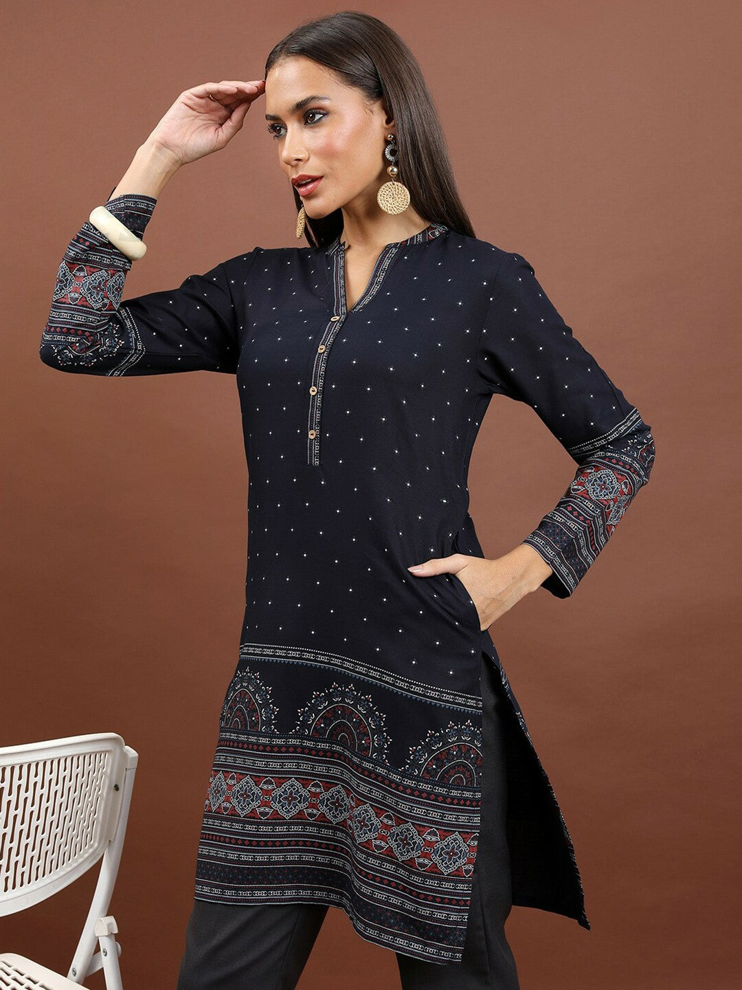 Navy Blue & Red Ethnic Motif Printed Tunic for Women – Mandarin Collar, 3/4 Sleeves | Indiaista