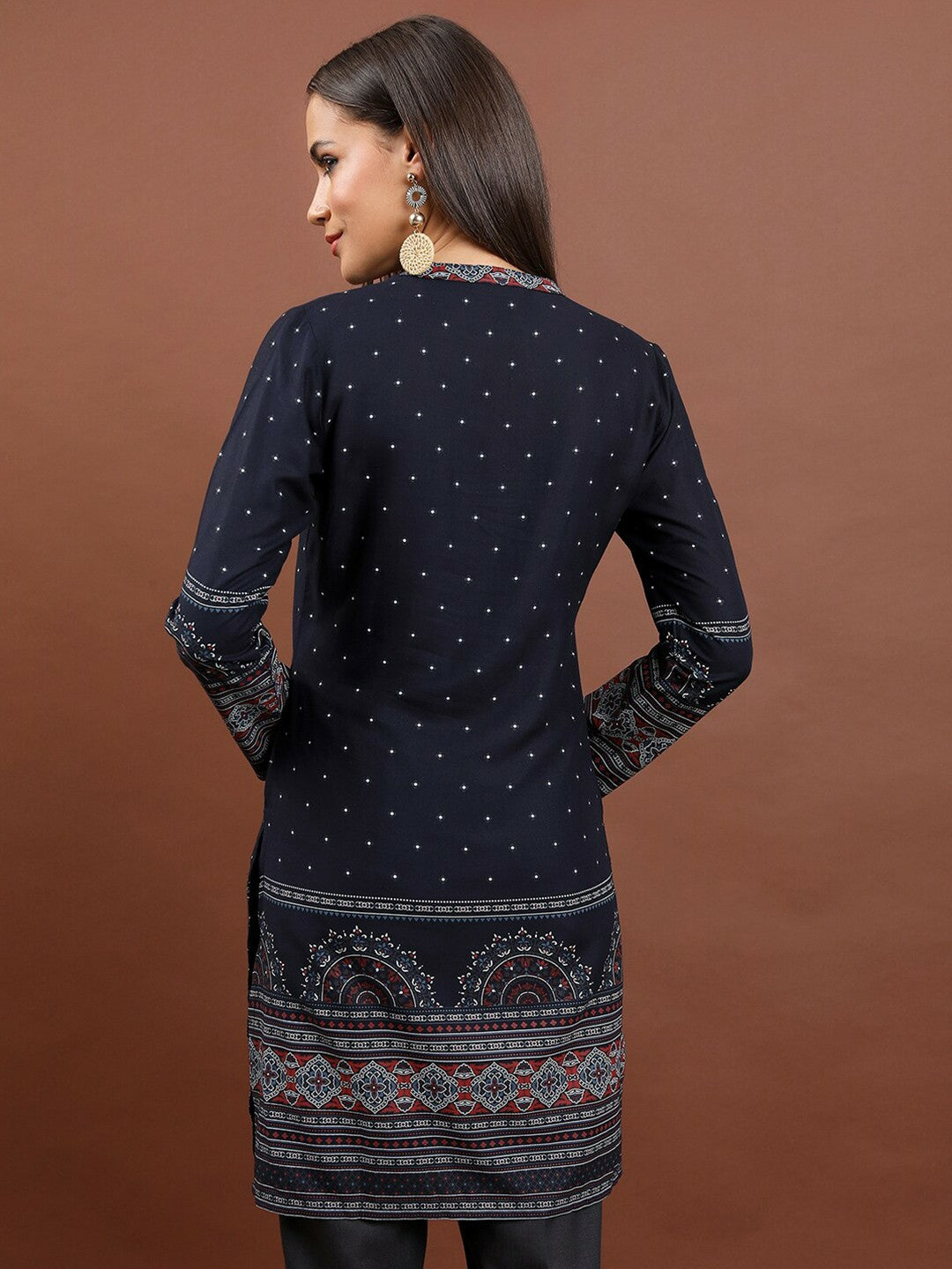 Navy Blue & Red Ethnic Motif Printed Tunic for Women – Mandarin Collar, 3/4 Sleeves | Indiaista