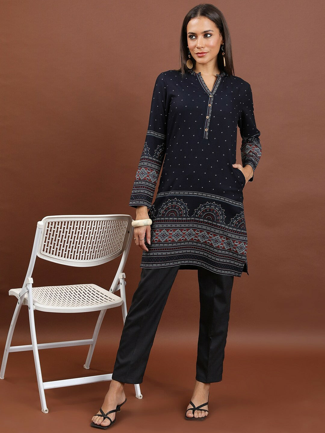 Navy Blue & Red Ethnic Motif Printed Tunic for Women – Mandarin Collar, 3/4 Sleeves | Indiaista