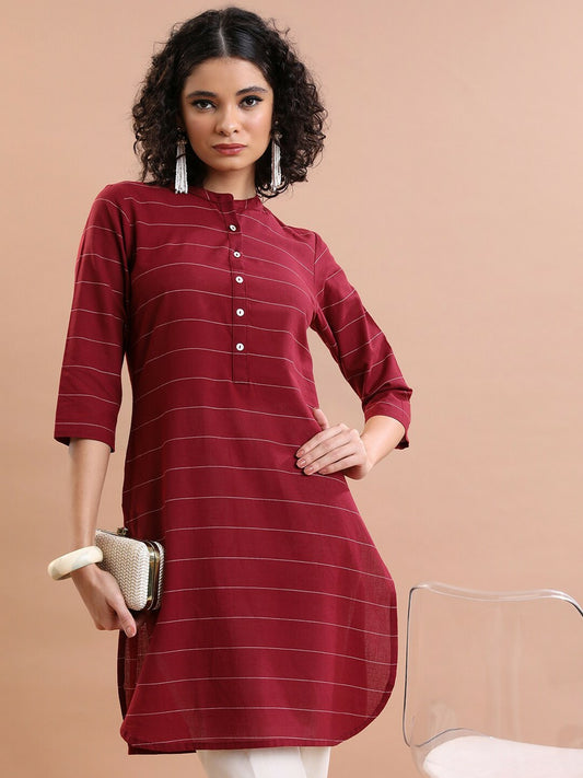 Maroon & Off-White Striped A-Line Tunic for Women – Pure Cotton, Mandarin Collar | Indiaista