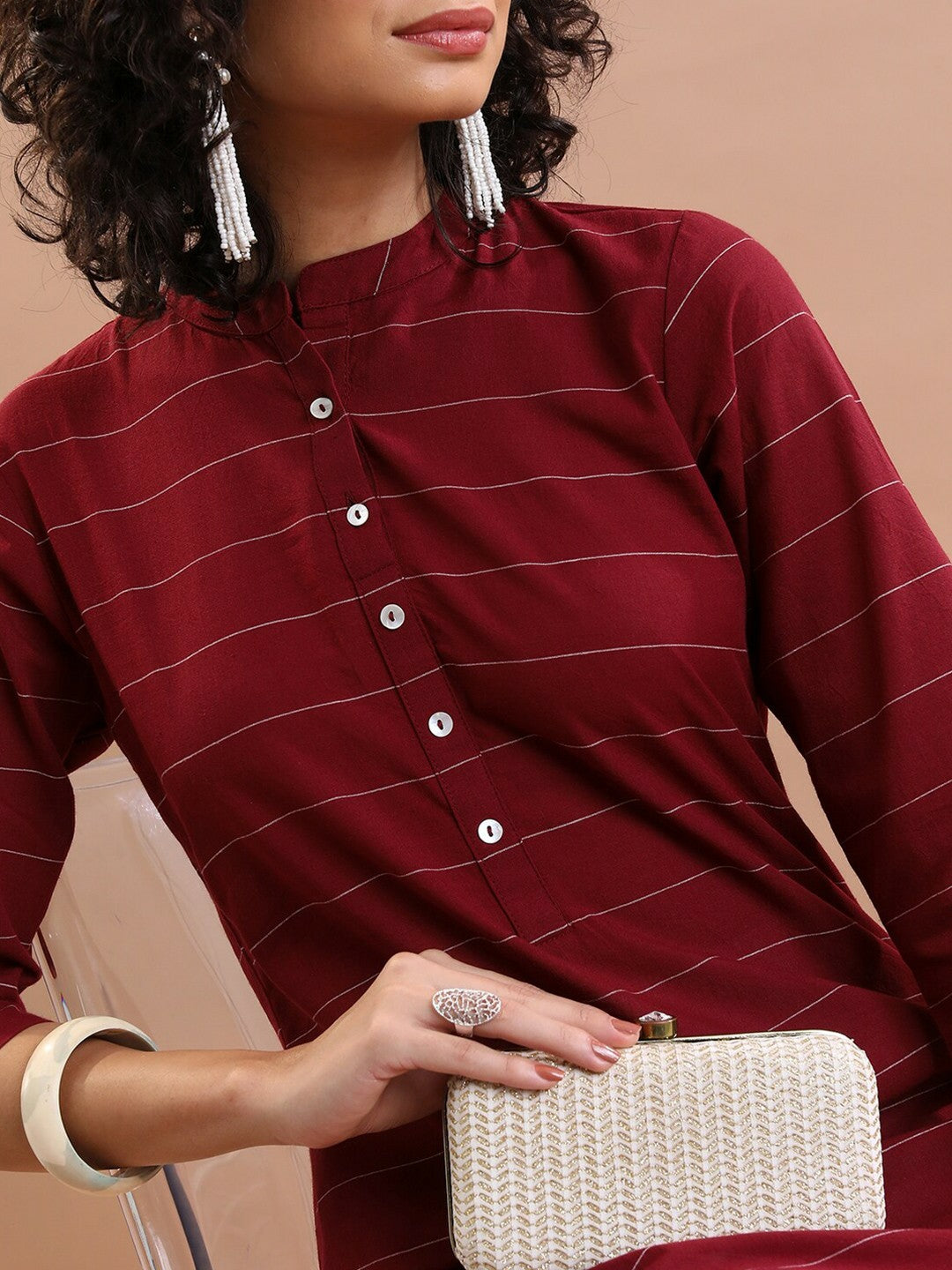 Maroon & Off-White Striped A-Line Tunic for Women – Pure Cotton, Mandarin Collar | Indiaista