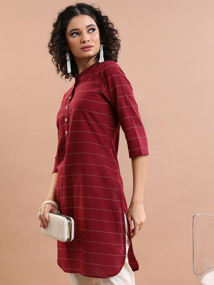 Maroon & Off-White Striped A-Line Tunic for Women – Pure Cotton, Mandarin Collar | Indiaista