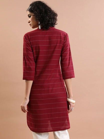 Maroon & Off-White Striped A-Line Tunic for Women – Pure Cotton, Mandarin Collar | Indiaista