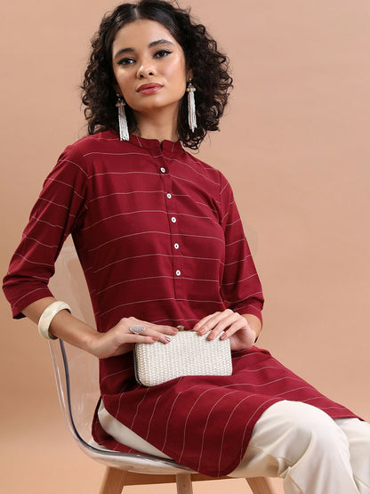 Maroon & Off-White Striped A-Line Tunic for Women – Pure Cotton, Mandarin Collar | Indiaista