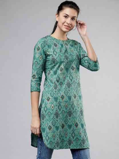 Teal Printed Tunic for Women – Round Neck, 3/4 Sleeves, Curved Hem | Indiaista