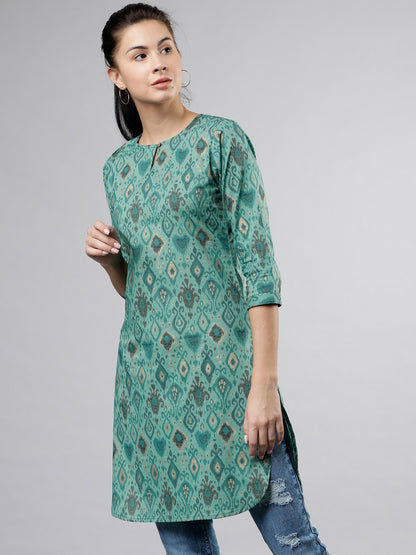 Teal Printed Tunic for Women – Round Neck, 3/4 Sleeves, Curved Hem | Indiaista