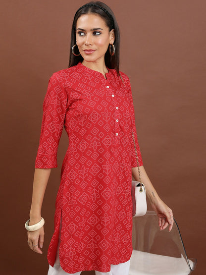 Red Bandhani Printed Tunic for Women – Mandarin Collar, 3/4 Sleeves | Indiaista