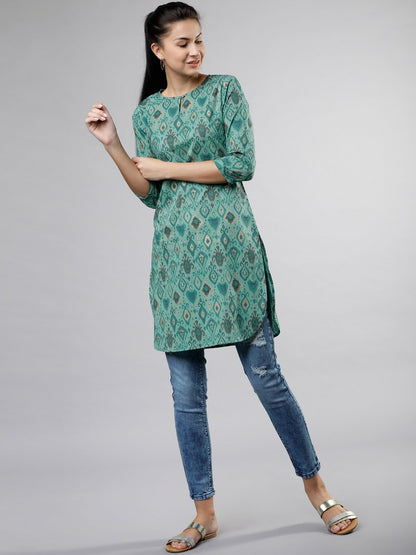 Teal Printed Tunic for Women – Round Neck, 3/4 Sleeves, Curved Hem | Indiaista