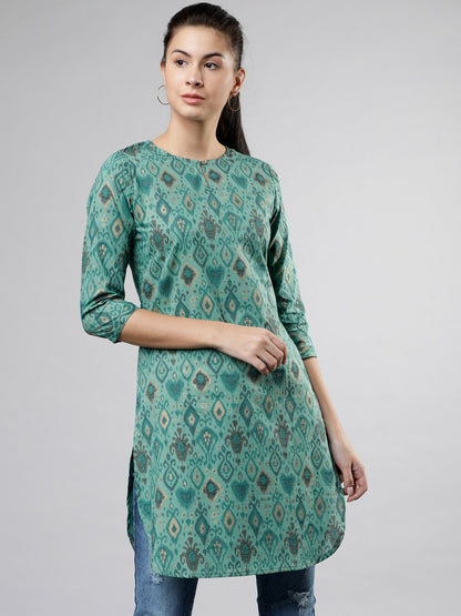 Teal Printed Tunic for Women – Round Neck, 3/4 Sleeves, Curved Hem | Indiaista