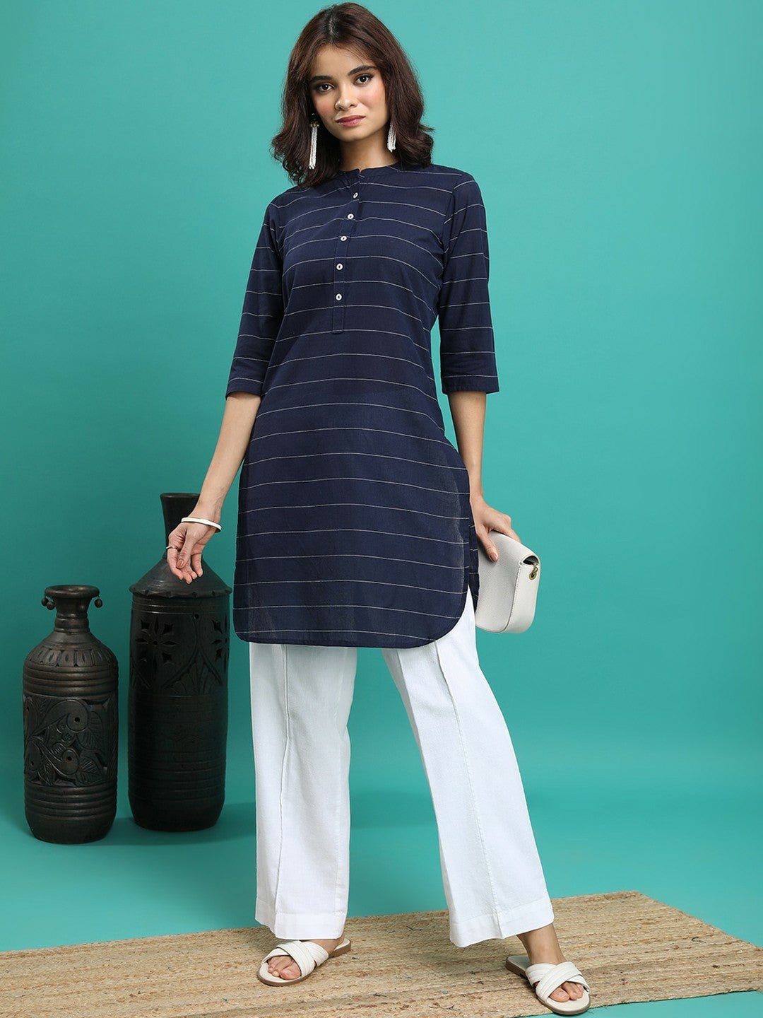 Navy Blue Striped Cotton Tunic for Women – Mandarin Collar, 3/4 Sleeves | Indiaista