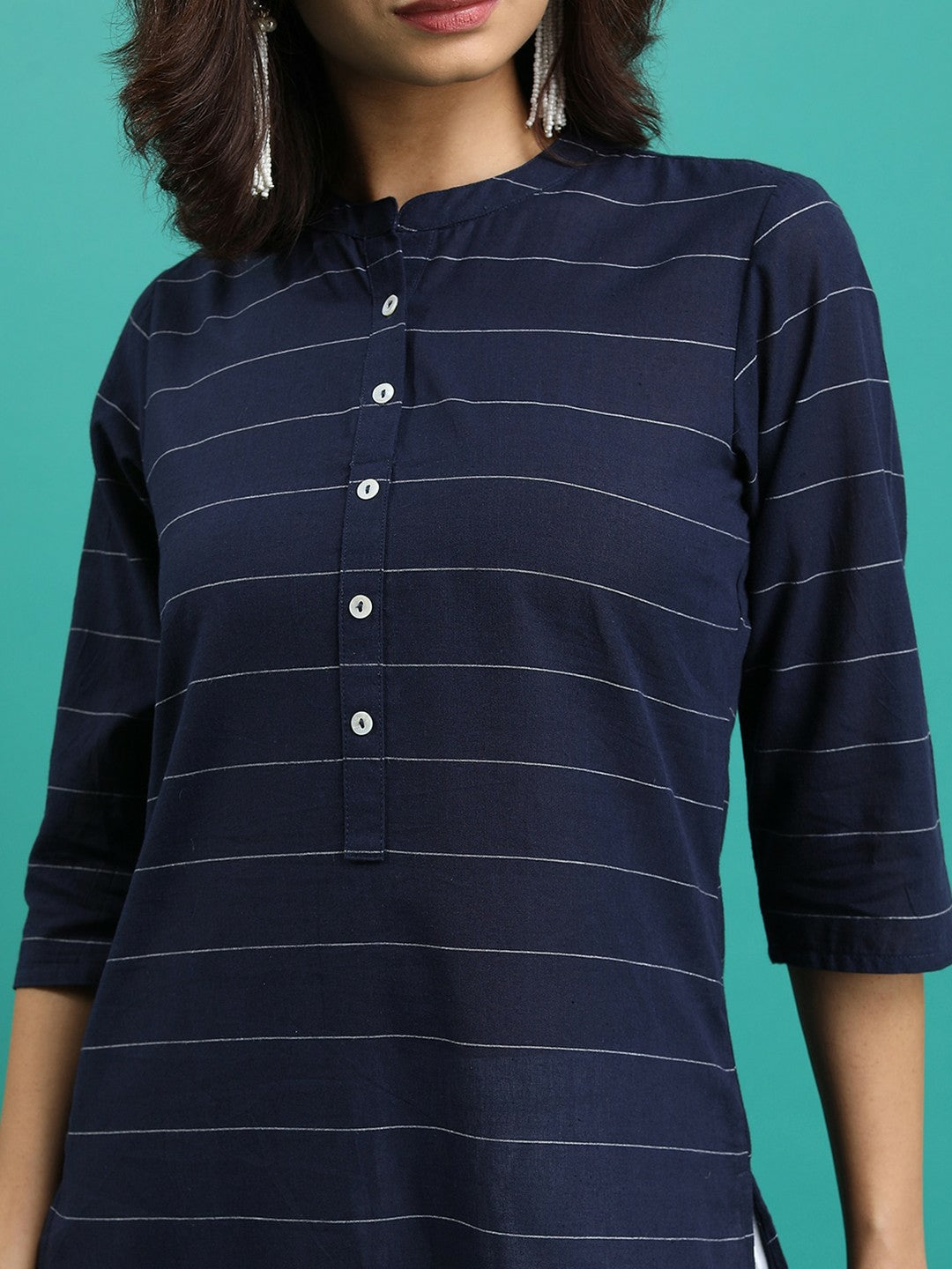 Navy Blue Striped Cotton Tunic for Women – Mandarin Collar, 3/4 Sleeves | Indiaista