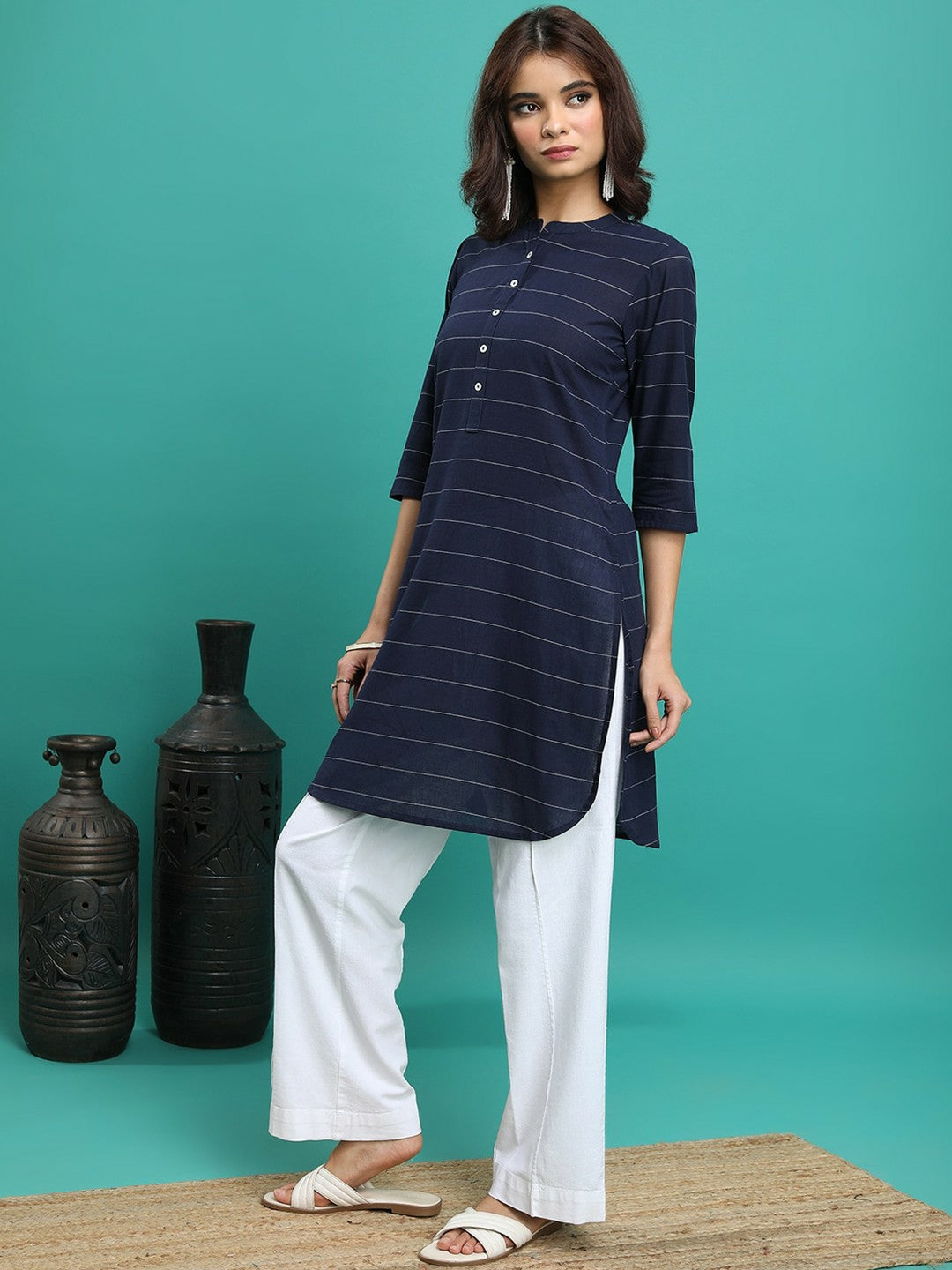 Navy Blue Striped Cotton Tunic for Women – Mandarin Collar, 3/4 Sleeves | Indiaista