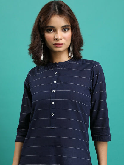 Navy Blue Striped Cotton Tunic for Women – Mandarin Collar, 3/4 Sleeves | Indiaista