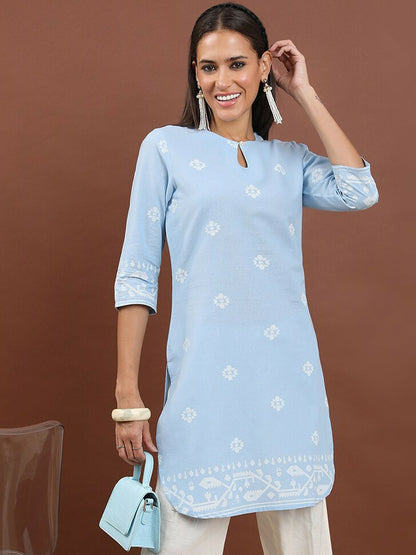 Blue & White Ethnic Motif Printed Cotton Straight Tunic for Women – Keyhole Neck, 3/4 Sleeves | Indiaista