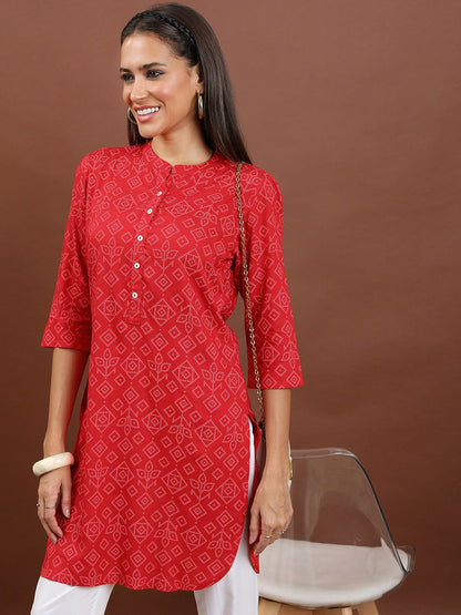 Red Bandhani Printed Tunic for Women – Mandarin Collar, 3/4 Sleeves | Indiaista