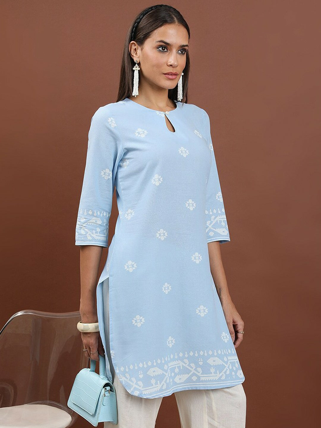 Blue & White Ethnic Motif Printed Cotton Straight Tunic for Women – Keyhole Neck, 3/4 Sleeves | Indiaista