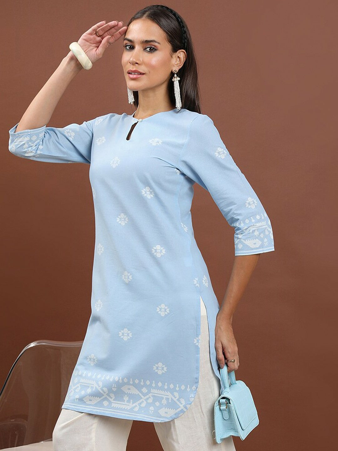 Blue & White Ethnic Motif Printed Cotton Straight Tunic for Women – Keyhole Neck, 3/4 Sleeves | Indiaista