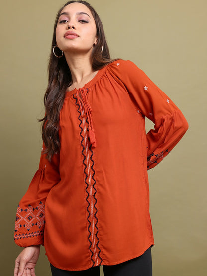 Rust & Black Ethnic Embroidered Tunic for Women – Round Neck, Puff Sleeves | Indiaista