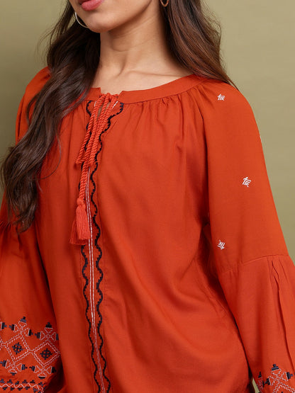 Rust & Black Ethnic Embroidered Tunic for Women – Round Neck, Puff Sleeves | Indiaista