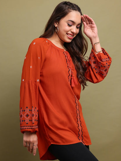 Rust & Black Ethnic Embroidered Tunic for Women – Round Neck, Puff Sleeves | Indiaista