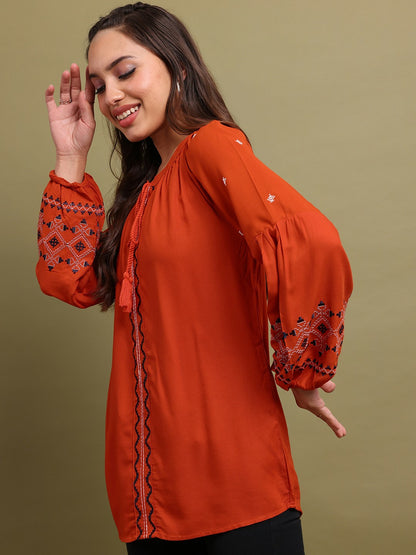 Rust & Black Ethnic Embroidered Tunic for Women – Round Neck, Puff Sleeves | Indiaista