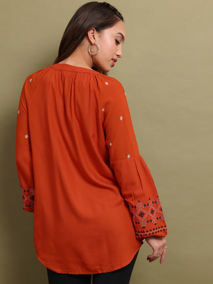 Rust & Black Ethnic Embroidered Tunic for Women – Round Neck, Puff Sleeves | Indiaista