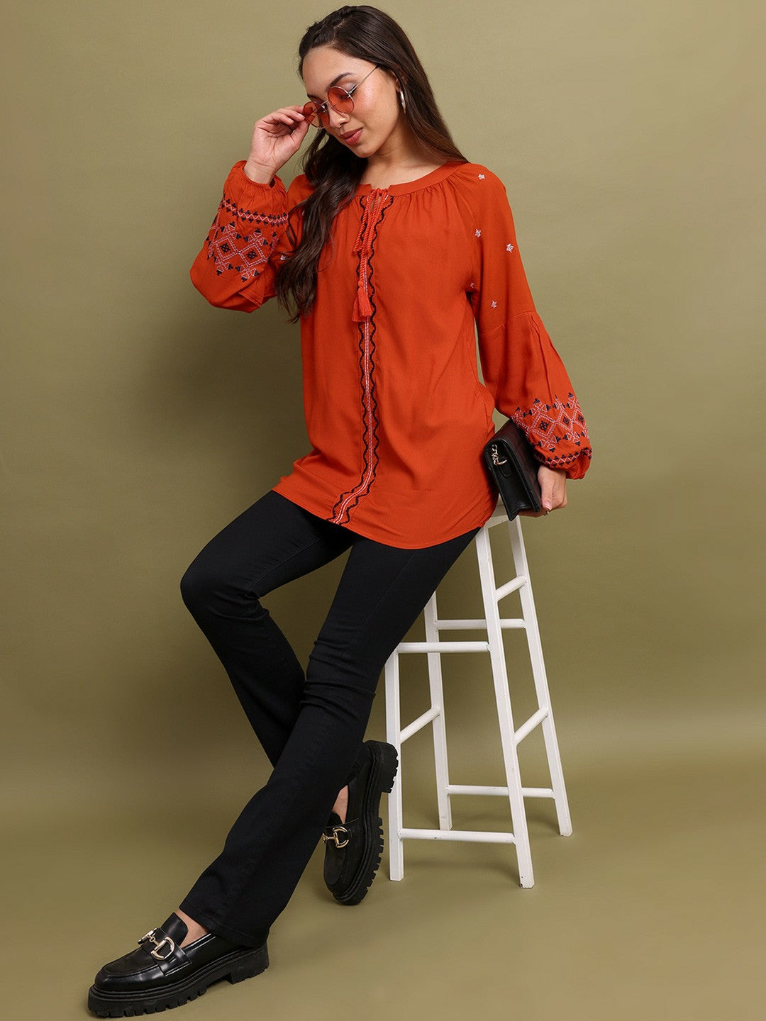 Rust & Black Ethnic Embroidered Tunic for Women – Round Neck, Puff Sleeves | Indiaista