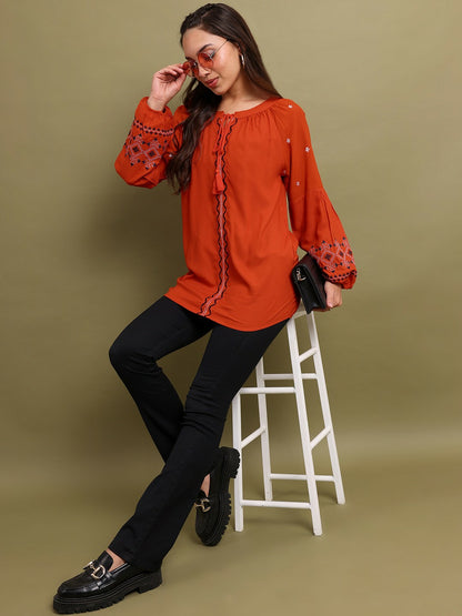 Rust & Black Ethnic Embroidered Tunic for Women – Round Neck, Puff Sleeves | Indiaista