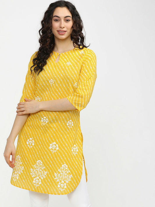 Yellow & White Printed Tunic for Women – Round Neck, 3/4 Sleeves, Casual Ethnic Wear | Indiaista