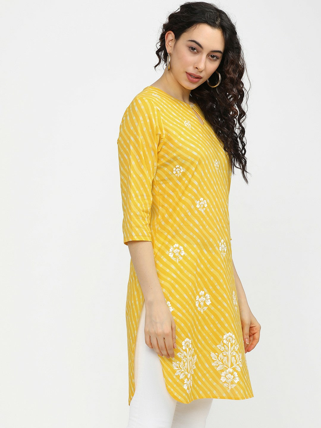 Yellow & White Printed Tunic for Women – Round Neck, 3/4 Sleeves, Casual Ethnic Wear | Indiaista