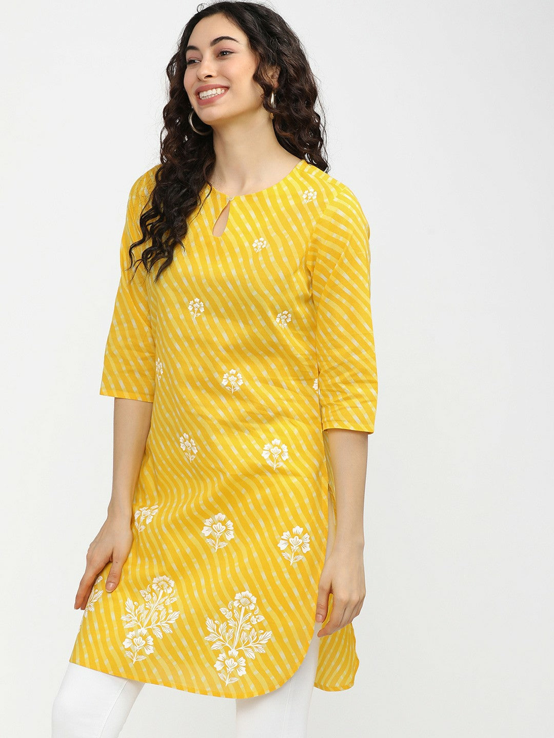 Yellow & White Printed Tunic for Women – Round Neck, 3/4 Sleeves, Casual Ethnic Wear | Indiaista