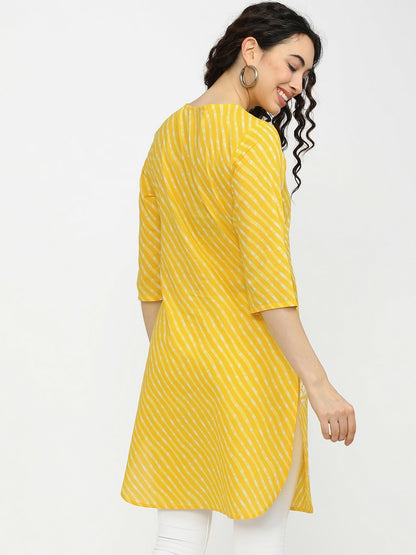 Yellow & White Printed Tunic for Women – Round Neck, 3/4 Sleeves, Casual Ethnic Wear | Indiaista