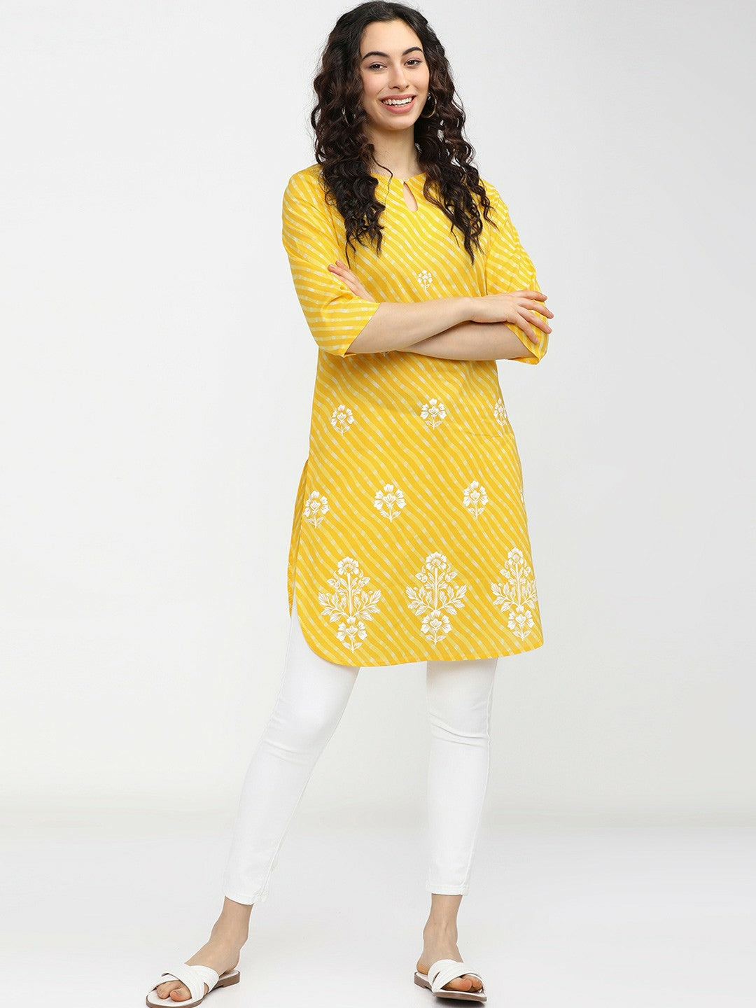 Yellow & White Printed Tunic for Women – Round Neck, 3/4 Sleeves, Casual Ethnic Wear | Indiaista