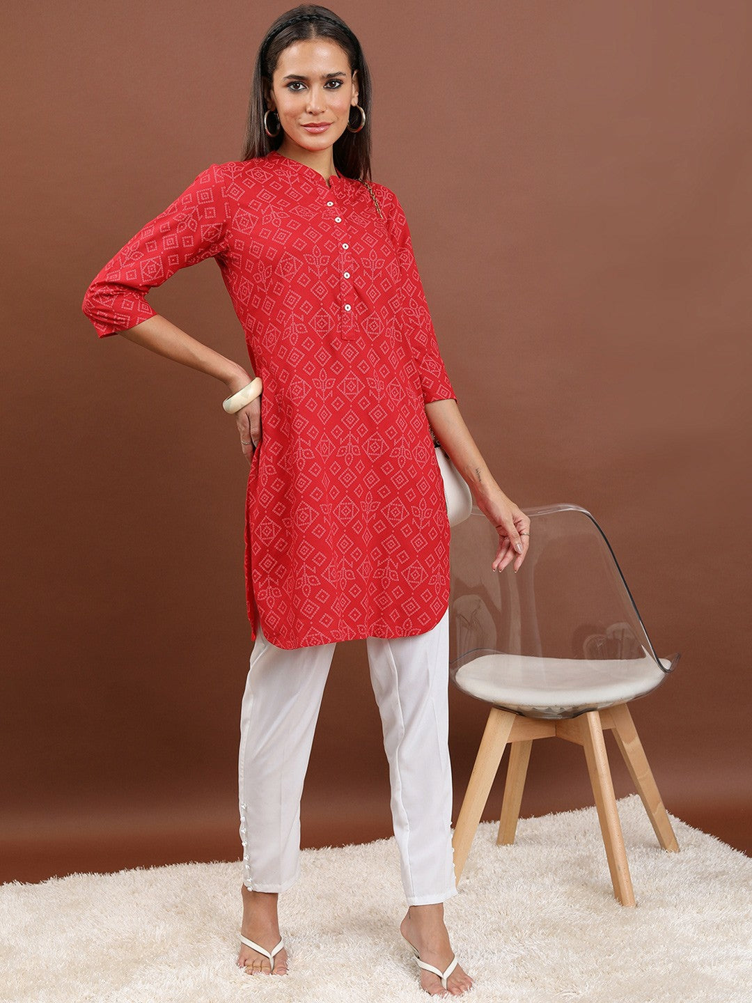 Red Bandhani Printed Tunic for Women – Mandarin Collar, 3/4 Sleeves | Indiaista