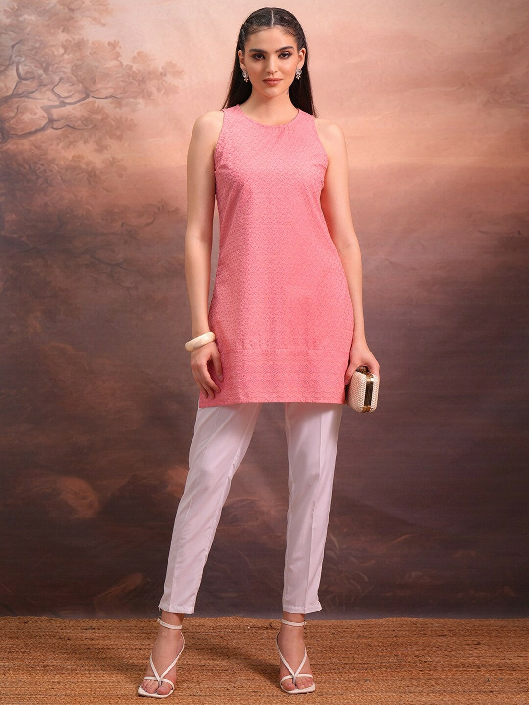 Mauve Pink Embroidered Tunic for Women – Sleeveless, Round Neck, Elegant Ethnic Wear | Indiaista