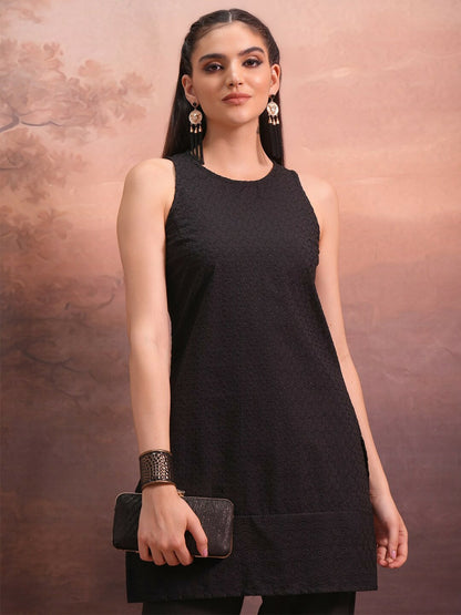 Black Embroidered Tunic for Women – Sleeveless, Round Neck, Elegant Ethnic Wear | Indiaista