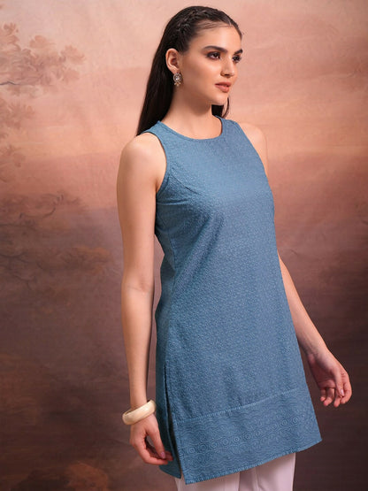 Blue Floral Embroidered Tunic for Women – Sleeveless, Round Neck, Side Slits | Indiaista