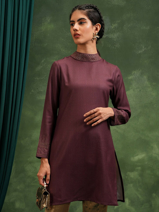 Maroon Self Design Tunic for Women – High Neck, Long Sleeves | Indiaista