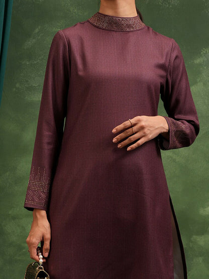 Maroon Self Design Tunic for Women – High Neck, Long Sleeves | Indiaista