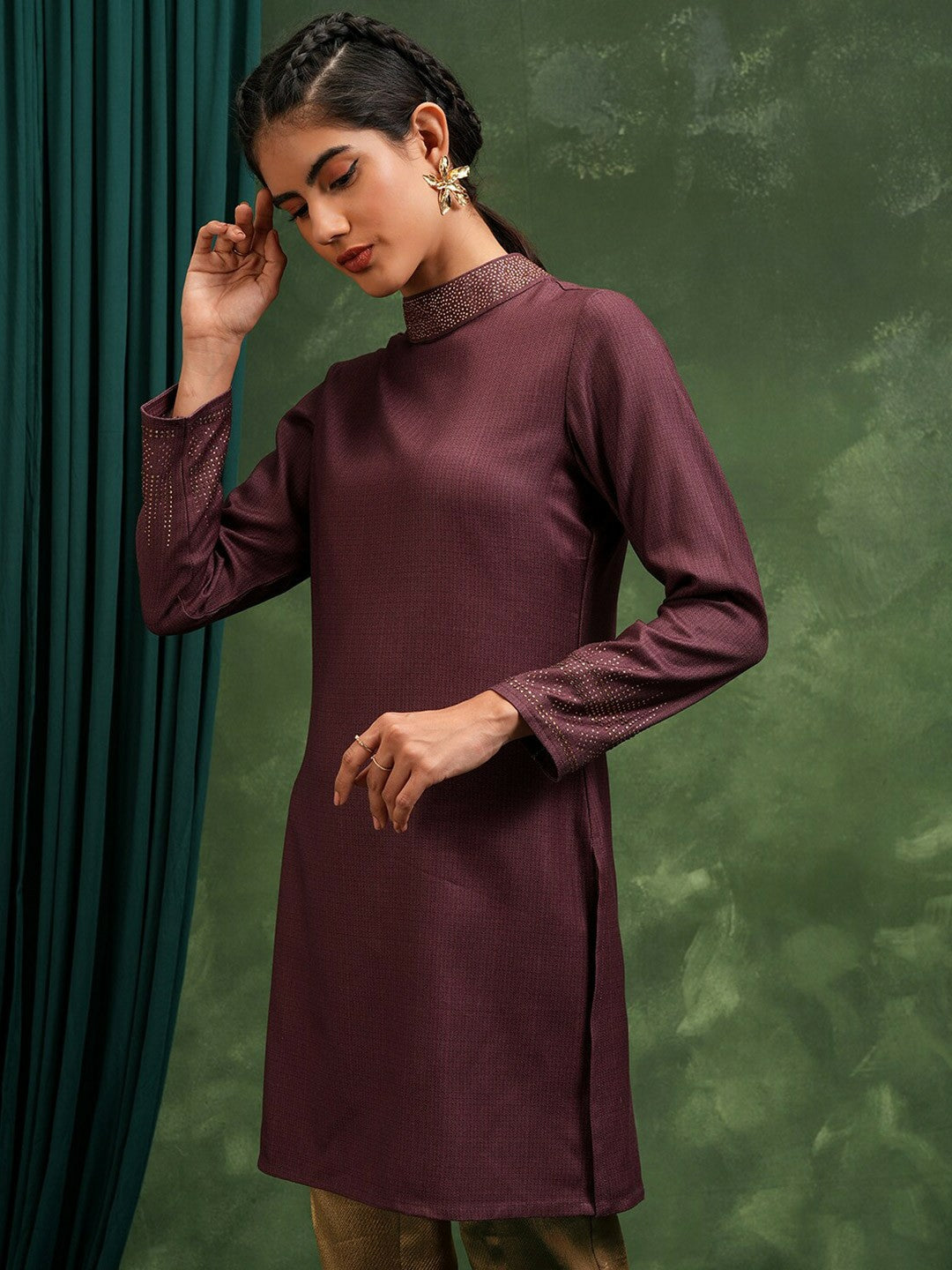 Maroon Self Design Tunic for Women – High Neck, Long Sleeves | Indiaista